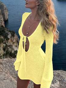 Casual Romantic Holiday Style Hollow Semi-Transparent Design Long Sleeve Bodycon Dress For Women, Spring/Summer - Yellow - View 5