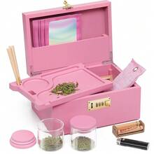 Large Bamboo Box With Combination Lock Decorative Box For Home Great Gift Choice Storage Lockbox With Storage Jar, Christmas Gifts For Men Women - Pink - View 1