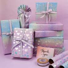 1卷闪亮全息生日包装纸套装，金属质感生日礼物包装纸，适合儿童、女孩，展开后43厘米，总长300厘米/118英寸（4种款式可选） - 彩色 - 查看 1