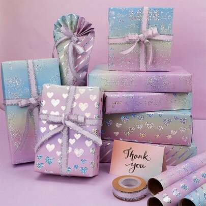 1 Roll Shiny Holographic Birthday Wrapping Paper Roll Set, Metallic Birthday Gift Wrapping Paper For Kids, Girls, 43cm Roll Unfolded, 300cm/118inch Length(4 Type Available)