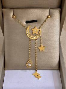 Star & Moon Pendant Earrings, Gold Long Necklace, Women's Stainless Steel Jewelry Set With Rhinestones, Daily/Birthday/Christmas Gift - Multicolor - View 12