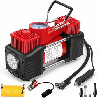 MESHUBA Dual Cylinder Tire Inflator 12V Fast Inflation Air Compressor With Portable & Powerful, Heavy Duty Double Cylinder Air Pump With Bright LED Light For Car, SUV, Bike, Ball