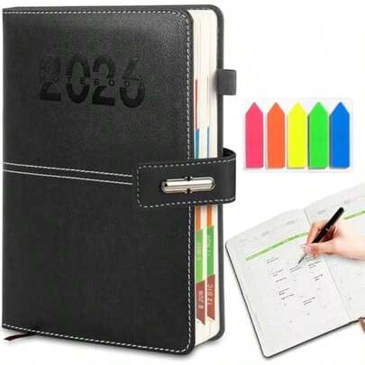 GALASALA Agenda 2026, Planificador Diario, Semanal y Mensual, Libreta A5 con Cierre Magnético, Libreta de Notas con Notas Adhesivas de Colores, Planner Adecuada para Escuela y Oficina(Negro)