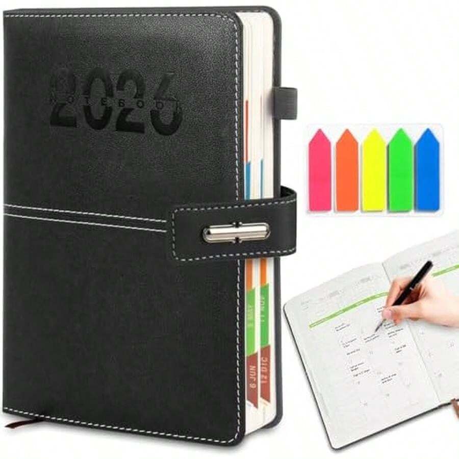 GALASALA Agenda 2026, Planificador Diario, Semanal y Mensual, Libreta A5 con Cierre Magnético, Libreta de Notas con Notas Adhesivas de Colores, Planner Adecuada para Escuela y Oficina(Negro) - negro - Ver 1