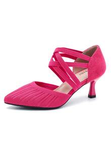 MAIERNISI JESSI Women's Low Kitten Heels Knit Pumps Elastic Crisscross Ankle Strap Slip On Dress Shoes - 玫紅色 - 查看 12