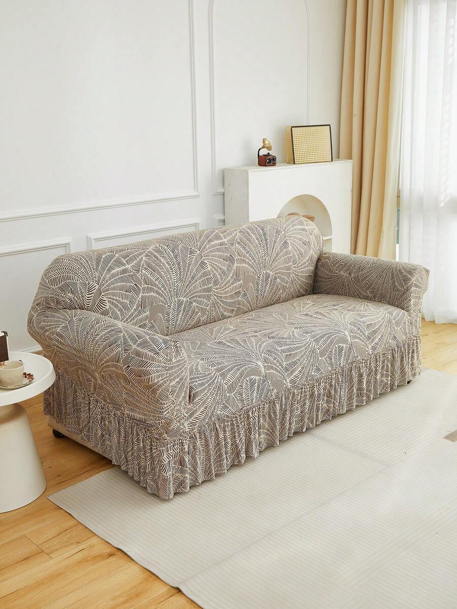 1pc Milk Silk Printed Sofa Slipcover With Ruffle Hem, High Elasticity, Machine Washable, Pet Proof, Suitable For Various Occasions - Multicolor - View 1