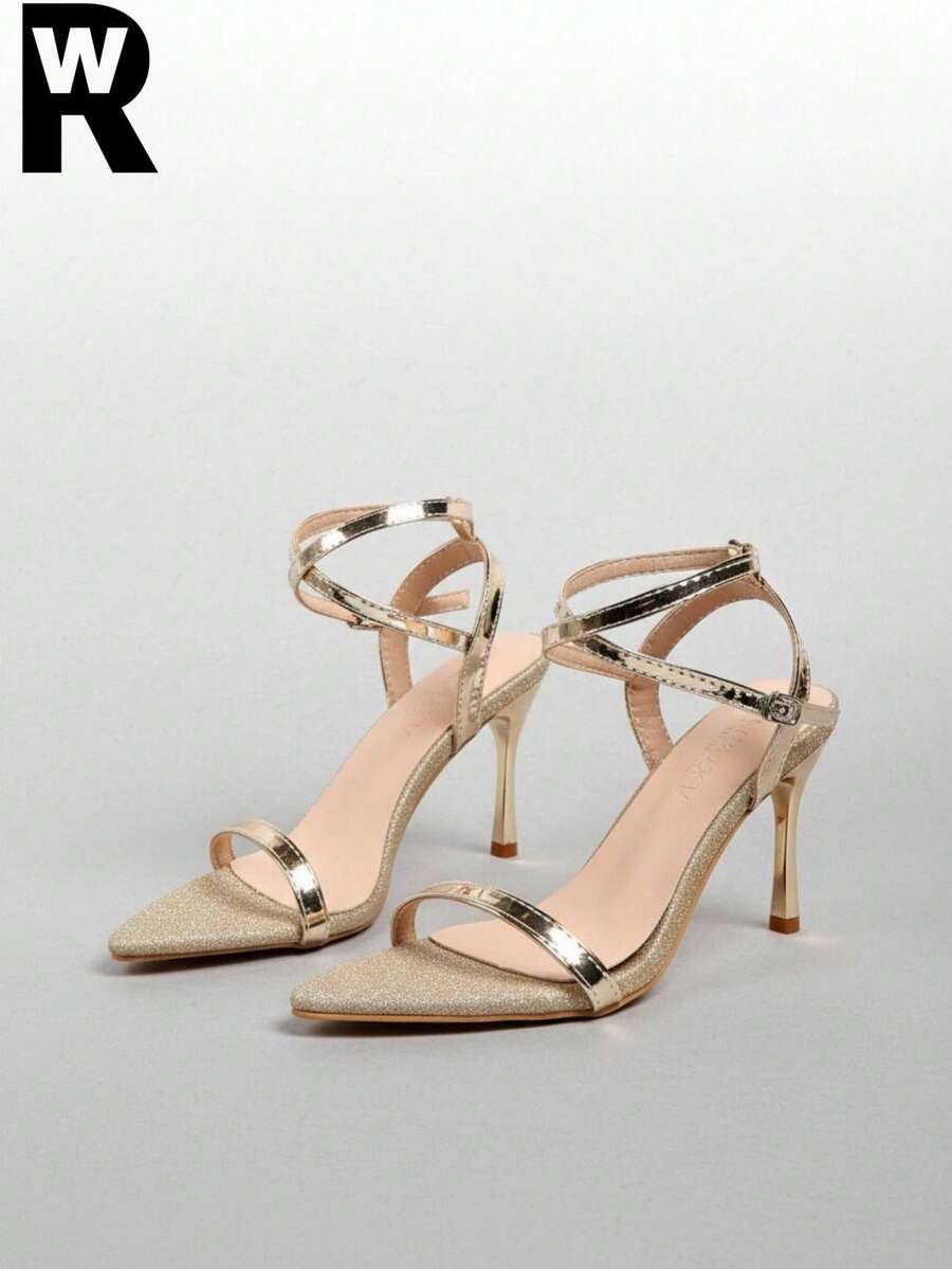Sexy Buckle Party Summer New Gold Women Shoes Versatile Sexy Ankle Strap Thin Heel Sandals Open Toe High Heels - Gold - View 1