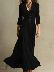 Vestido Largo de Manga 3/4 para Mujer Occidental, Cuello Solapa con Botones, Color Sólido, Cintura Ajustada - Estilo INS - Negro - Ver 5