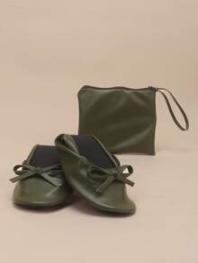 女士轻便、赤足感舒适、休闲柔软、百搭经典芭蕾平底鞋，可折叠套脚芭蕾舞鞋，女士室内拖鞋 - 橄欖綠 - 查看 5