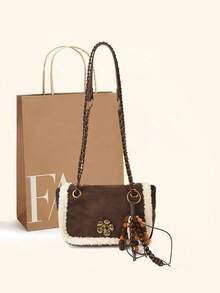 Urocza mała torebka na ramię z zamszu i pluszu w stylu vintage, modna torebka na łańcuszku z blokadą, odpowiednia do codziennego użytku, na zakupy, do pracy, z ozdobną zawieszką na telefon - Wielokolorowe - Zobacz 3