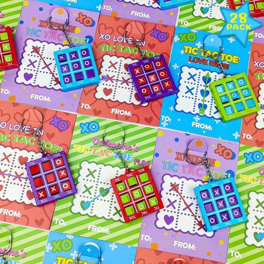 Valentines Day Gifts Cards For Kids School Classroom,28 Pack Tic Tac Toe Game Keychains With Cards For Boys Girls,Valentine Class Non Candy Treats Goodie Bag Stuffers Party Favors Prizes For Toddlers - ColorB - 查看 1