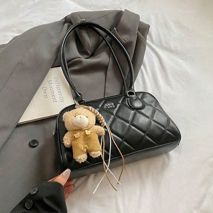 [Nueva ]Bolso bandolera cruzado para mujer rojo vintage bolso de mano bolso de hombro único bolso Boston con bordado de rombos para el trabajo - Estilo bordado con colgante, color negro. - Ver 1