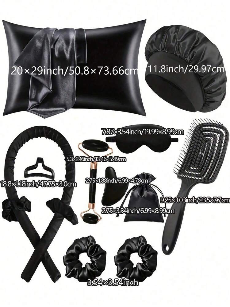 13/10/8/5/1 Piece Set Black Hair Styling Tools Kit, Includes Curling Iron, Face Massager, 1 Silk Pillowcase, Large Hair & Skin Care Set, No-Heat Silk Hair Curler, Night Hair Curler, 1 Soft Sleep Eye Mask, Ladies Face Massage Roller, 1 Comb, Hair Care Products & Accessories, Hair Styling Tool Set, Curling Products, Travel Essentials, Christmas Gift, Gift For Her - Multicolor - View 11