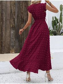 Women Summer Maxi Dress Swiss Dot V Neck Ruffle Cap Sleeve Tie Waist Wrap Ruffle Split Hem Long Dress Bohemia Boho Beach Holiday Vacation Valentine Flowy Long Midi Dress Outfits - 酒紅色 - 查看 2