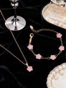 2pcs Set: 1pc Necklace + 1pc Bracelet, Fashionable Minimalist Gold-Tone Star Flower Oval Pendant, Suitable As Girlfriend, Wedding, Graduation, Date Gift - Little Plum Blossom - View 1