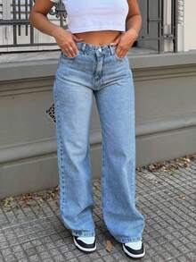 Plus Size Women Casual Washed Loose Straight Leg Jeans - Medium Wash - View 3