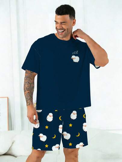 Plus Size Men's Pajama Set | Round Neck Short Sleeve Top And Elastic Waist Casual Shorts, 2 Piece Set | Polyester Knit Fabric, Skin-Friendly Breathable Loose Comfortable | Casual Sheep Print Design