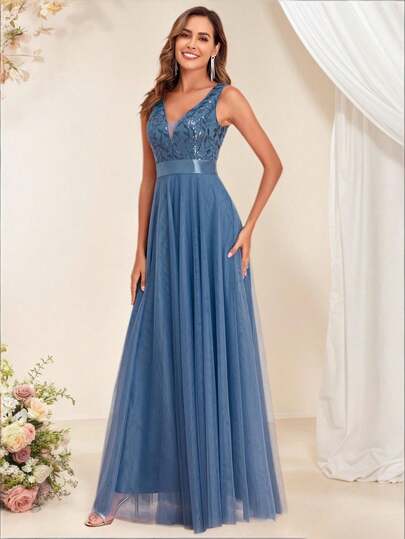 V-ringad kontrastfärgad paljettnät A-linje elegant formell klänning, brudtärneklänning för kvinnor, lämplig för bröllop, examen, galor och andra tillfällen