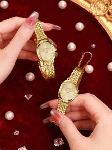 LIANDU LIANDU 简约奢华风格，复古又不失时尚。椭圆形表壳，饰以铆钉表盘，搭配可拆卸不锈钢表带。这款石英表配有同款手链套装，适合日常佩戴，也是一份理想的礼物。