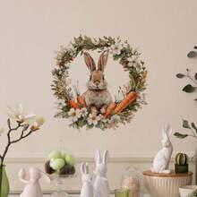 1pc Floral Wreath, Rabbit, Carrot Wall Sticker, Removable PVC Self-Adhesive Decal, Suitable For Spring Easter Bedroom, Living Room, Balcony And Window Decoration - Multicolor - View 2