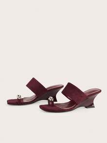 Giày sandal đế xuồng kiểu La Mã mũi vuông, chất liệu nhung màu đỏ tía tối giản, thanh lịch, trang trí kim loại, phù hợp cho tiệc tùng và đi làm. - Màu Đỏ Sâu - Xem 3