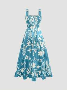 Women's Long Allover Print Spaghetti Strap Maxi Dress, All-Over Bohemian Casual Ruffled Tie Waist Dress - Teal Blue - View 2