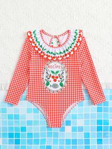 Young Girls Cute Plaid Cherry Print Ruffle One-Piece Swimsuit - Multicolor - View 3