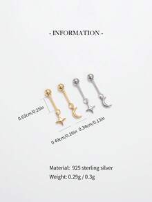 1件装 925纯银星月竖款耳钉，低过敏性金耳钉，耳骨耳廓扁平耳钉，男女日常佩戴（单件出售） - 彩色 - 查看 5