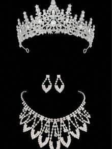 1 套金色新娘首饰 - 水钻皇冠、项链、耳环（4 件）、婚礼配饰，适合新娘礼服、婚礼、派对、舞会