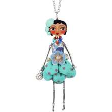 BONSNY Collar con muñeca floral de París hecha a mano, vestido de tela con patrón de flores, cadena plateada, collar de declaración de moda con colgante de joyería, Mediano, Metal Tela Cristal,38180037 - Multicolor - Ver 1