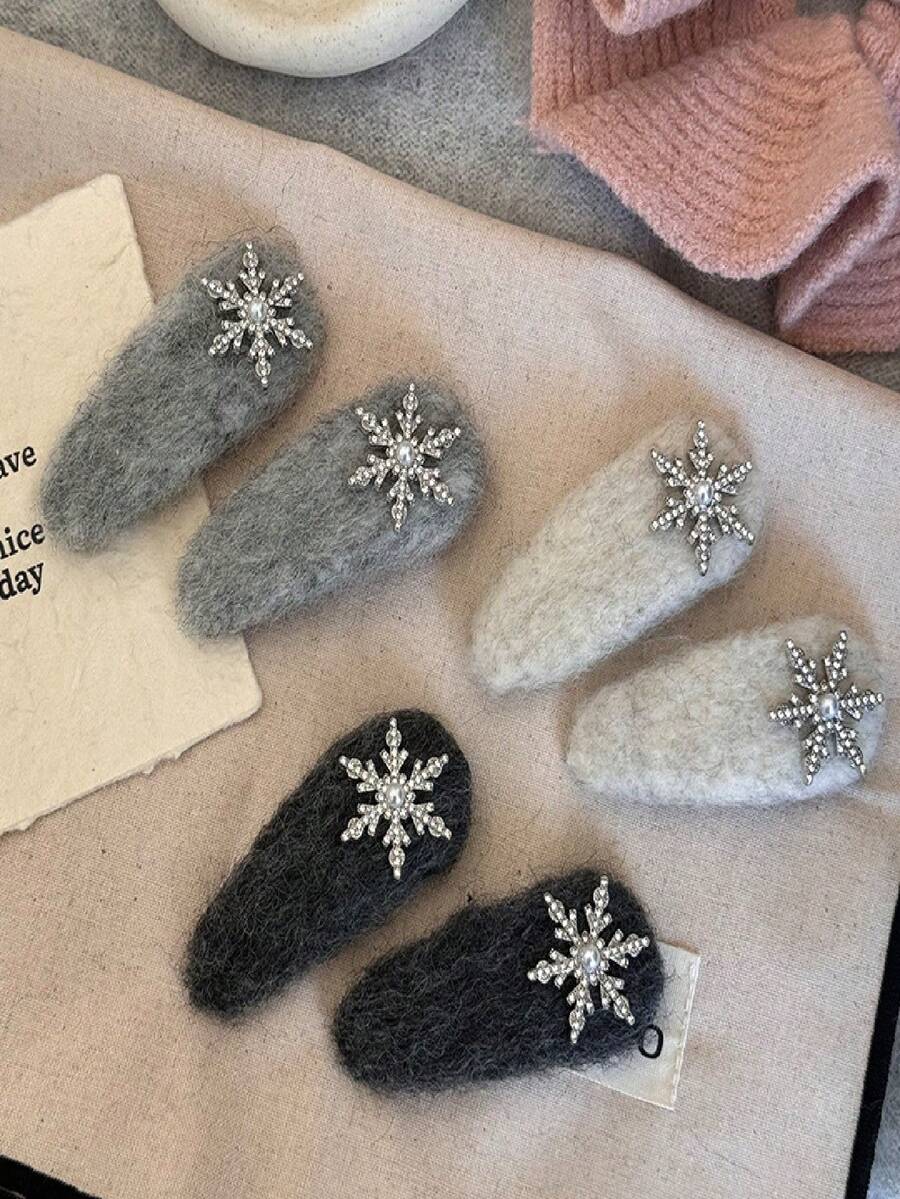 1个蓬松灰色雪花发夹，刘海夹侧夹，甜美秋冬风，小雪发夹 - 彩色 - 查看 1