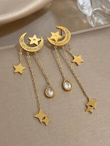 Star & Moon Pendant Earrings, Gold Long Necklace, Women's Stainless Steel Jewelry Set With Rhinestones, Daily/Birthday/Christmas Gift - Multicolor - View 13