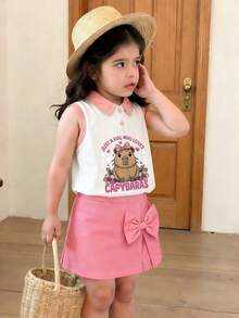 两件套水豚印花背心短裤套装，休闲时尚，深受少女喜爱的热门童装 - 粉色 - 查看 8