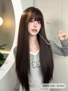 alicegarden 1顶合成耐热假发，黑棕色长直发带刘海，28英尺长，纤维材质，适合日常佩戴，仿真度高。 - Black-brown - 查看 2