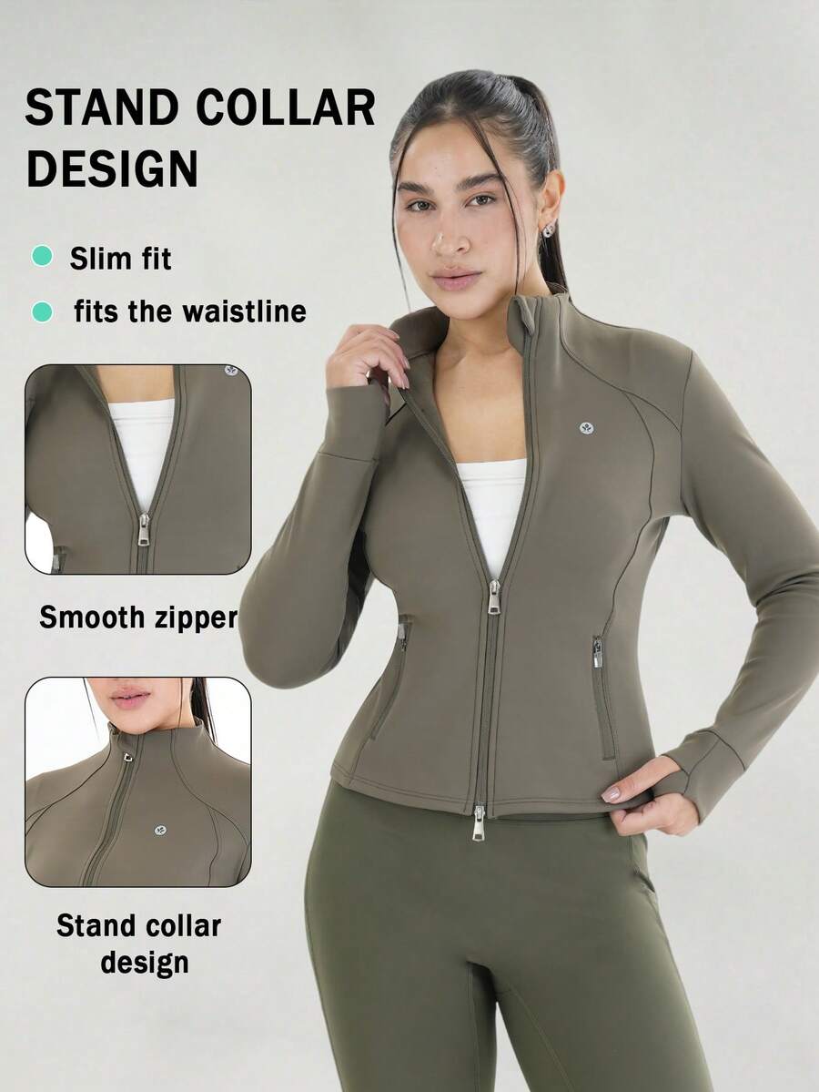 Women's Stand Up Collar Zipper Long Sleeved Thumb Hole Minimalist Fashion Sports Jacket Casual Sports Slim Zipper Pocket Jacket, Spring And Autumn Women's Clothing - 軍綠色 - 查看 1