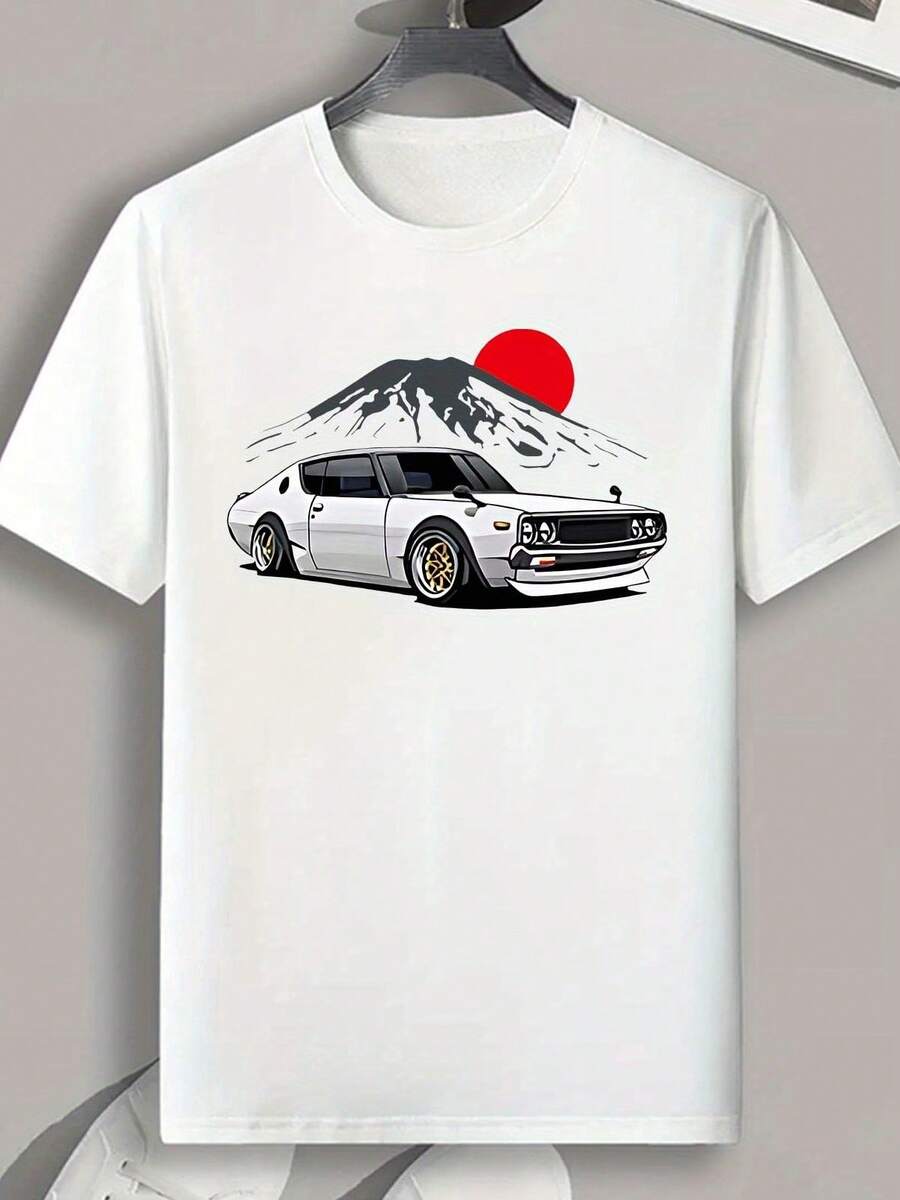 [Camiseta Casual] Camiseta Casual Elegante para Hombre| Impresión de coche y montaña para deportes y ejercicio - Blanco - Ver 1