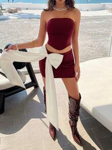 Burgundy Strapless Crop Top & Fitted Mini Skirt Two Pieces Set With Large White Bow Accent & Multiple White Cross-Back Straps – Elegant Sweet Chic Style Ideal For Weekend Brunches, City Strolls, Spring/Summer Dates, Fashion Gatherings,Vacation, Plain Outfits - Burgundy - View 6