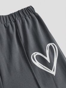 Conjunto de top de manga corta y pantalones con estampado de corazón para niña adolescente - Gris Oscuro - Ver 4