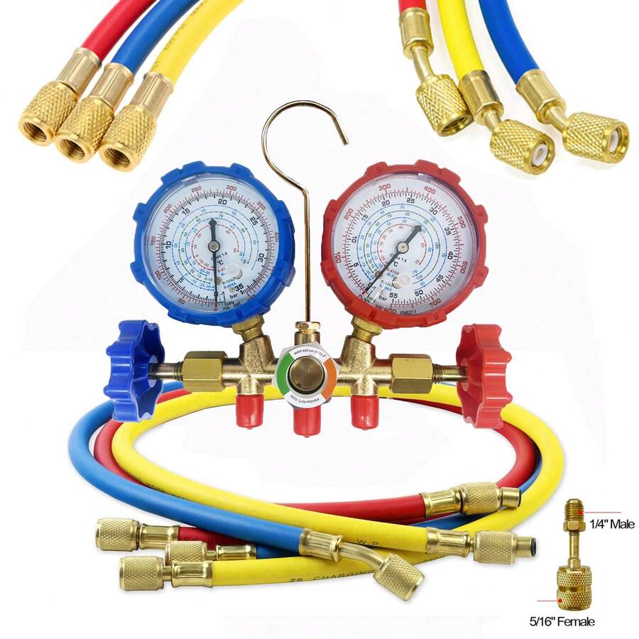 3 Way AC Manifold Gauge Set With Hoses Couplers & Adapter Refrigerant AC Gauges Automotive AC Gauge Set For R410A R32 R134a R404