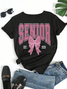 Women's 2026 Senior Graphic Tee Short Sleeve Crew Neck T - Shirt With Pink Bow Print Graduation Party Loose Fit Casual Top  Teen Girl Apparel - 黑色 - 查看 5