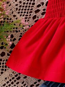 2pcs Baby Girl Sweet & Spicy Style Backless Bow Tie Sleeveless Ruffle Strap Camisole Top And Cherry Embroidery Ruffle Hem Denim Shorts Set - Red - View 6