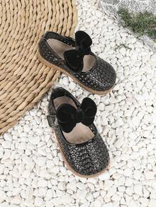 1双女童休闲蝴蝶结镂空平底魔术贴公主鞋，适合春夏穿着 - 黑色 - 查看 5