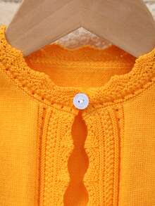 女童纯色长袖蕾丝边休闲优雅镂空针织开衫 - 橘色 - 查看 3