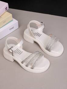 儿童凉鞋，夏季女童水钻公主高跟鞋，学生时尚软底表演舞蹈鞋 - 米色 - 查看 4