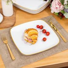 50/215/20/10/1 Set White Oval Single Gold Rim Party Plates, Dinnerware Set, Salad Plates, Celebration Party Tableware, Trays, 10.25 Inch And 7.5 Inch Dinner Plates, Suitable For Various Parties, Outdoor, Wedding, Restaurant - White Background - View 4