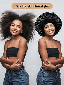 1pcs Silk Sleep Bonnet Set - Satin Hair Wrap For Curly/Natural Hair With Soft Elastic Band (Black /Gold/Pink), Gentle Night Cap For Hair Protection & Frizz Control.Casual    Polyester    None    None  Daily - 黑色 - 查看 5