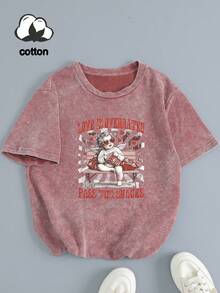 可爱丘比特印花短袖T恤，独特有趣的设计，大码女式T恤，水洗棉T恤，大码女式日常穿着，雪花纹理面料，大码舒适圆领休闲上衣，复古做旧T恤，大码女装，春夏服装，情人节女装，情人节，情人节穿搭 - 粉色 - 查看 6