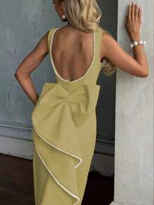 Big Bow Backless Split Thigh Dress - Yellow - View 3