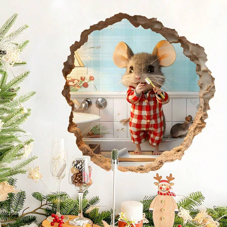 1pc Self-Adhesive Cute Toothbrushing Mouse Decorative Sticker, Funny 3D Wall Decor For Bathroom - Multicolor - View 1