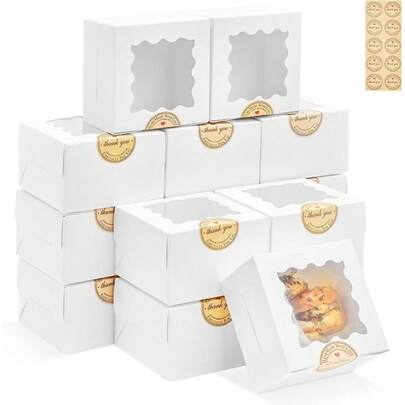 30pcs White Cookie Boxes With Window, 4x4x2.5 Inches Small Bakery Boxes With Stickers, Cake, Macaroon, Cupcakes, Treat Dessert, Candy, Donuts, Cookies, Strawberries, Chocolate